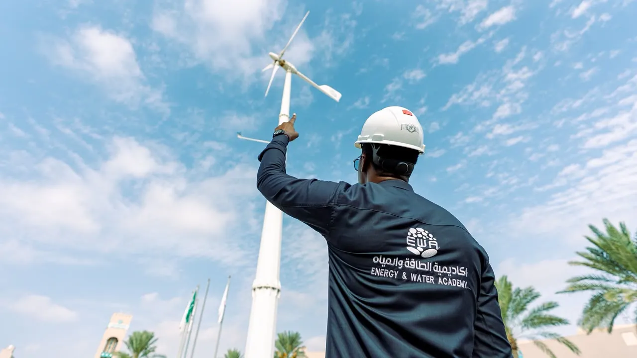 Trainee in a white hard hat pointing up at a wind turbine against a blue sky