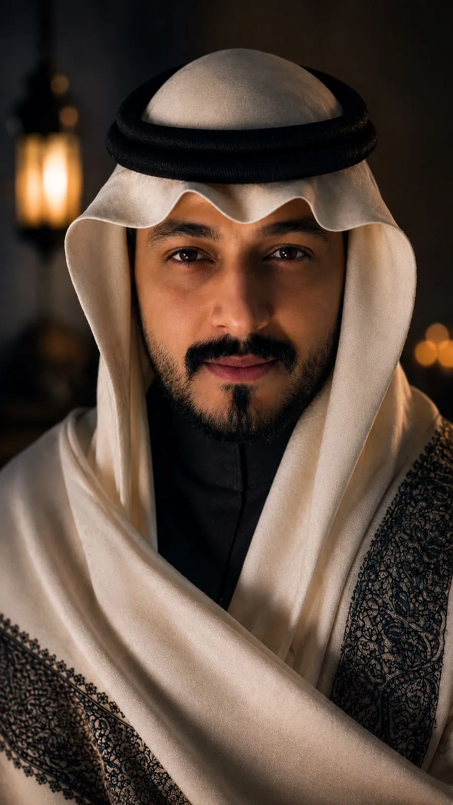 Mohammed Althebaiti in a white shemagh and embroidered bisht, lantern light behind him